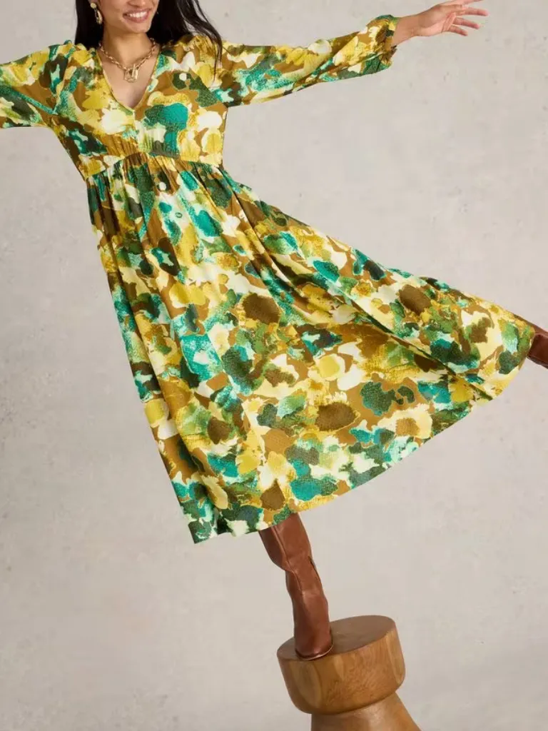 Yellow V-Neck Midi Dressin