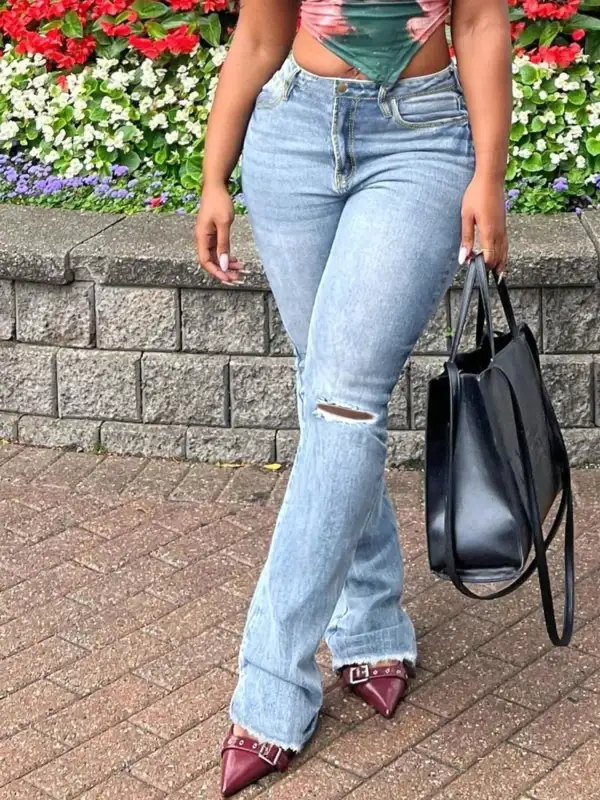 Flare Leg Ripped Denim Jeans