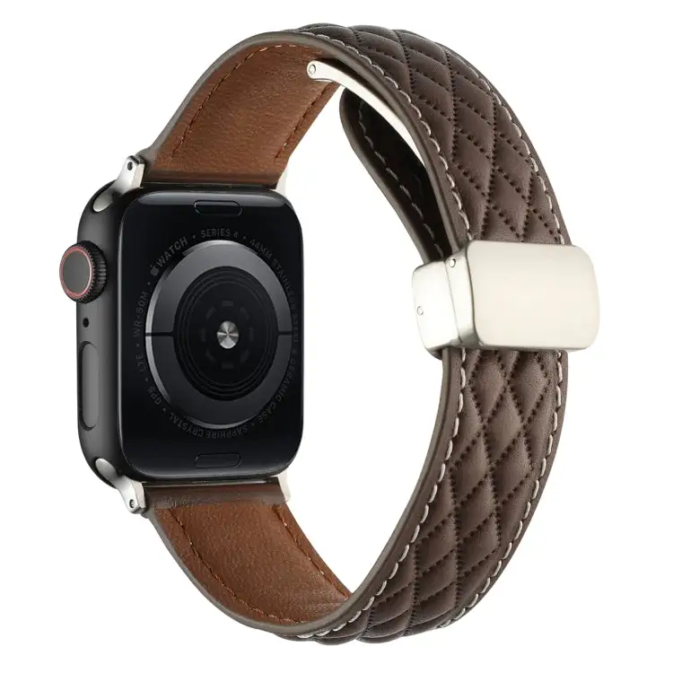 Rhombus Pattern Magnetic Folding Buckle Leather Watch Band for Watch Series 6 44 mm - Dark Coffee