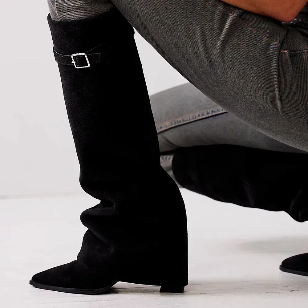 Faux-Suede Strappy Pointed-Toe Chunky-Heel Knee-High Boots