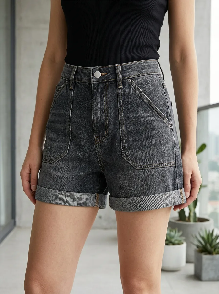 Women's Paisley Pattern Black Denim Printed Shorts