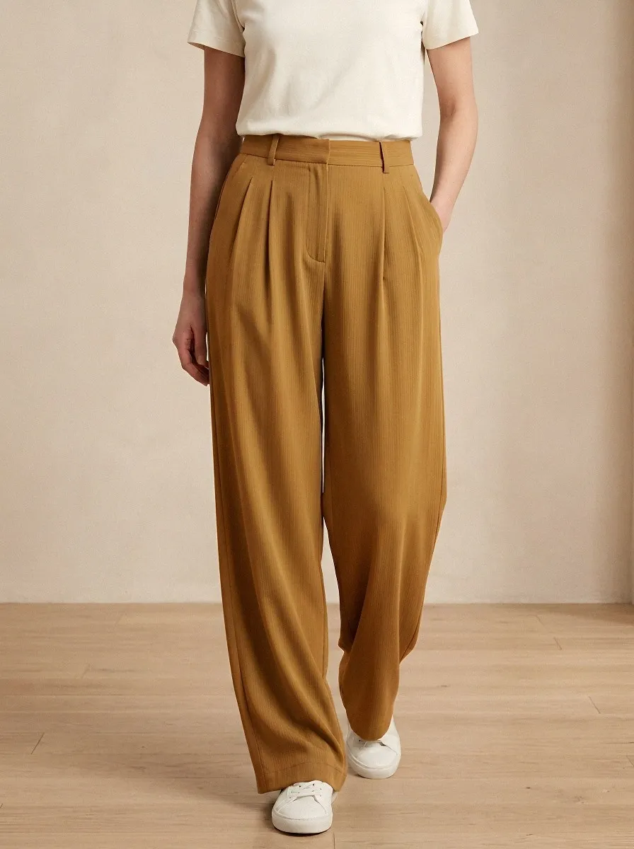 Women's Casual Pleated Wide-Leg High-Rise Waist Integrated Belt Loops Pants