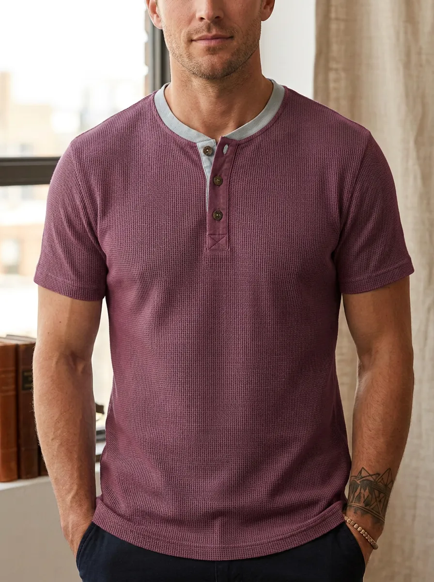 Men's Technical Inspired Waffle Knit Button Placket Henley Shirt