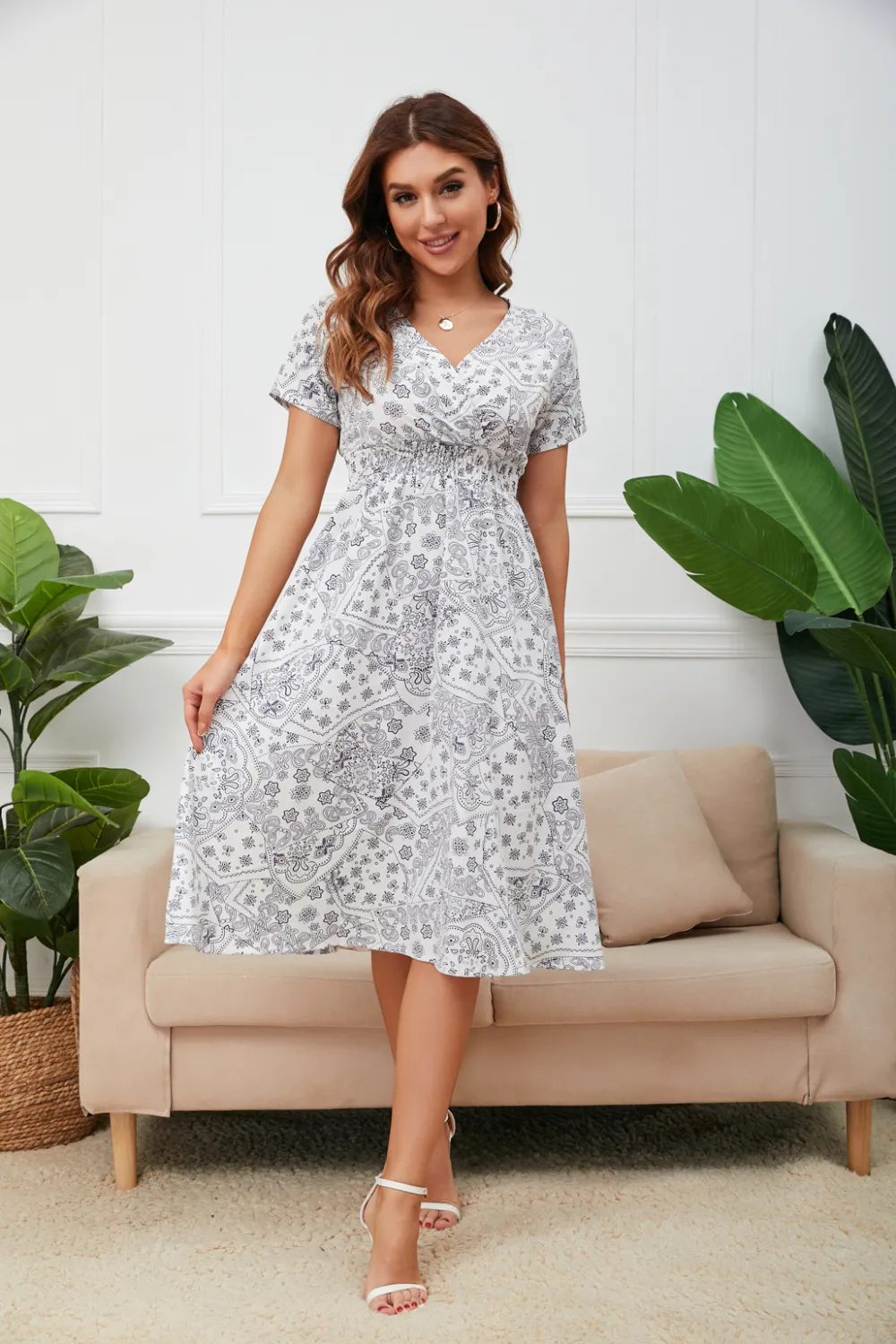 Chiffon Beach Dress Printed V-neck Short Sleeve Bohemian