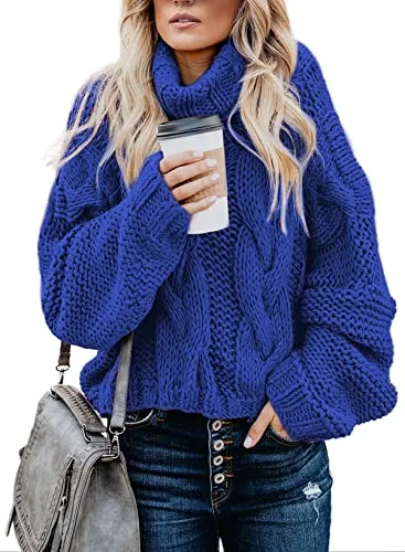 Women's 2025 Turtleneck Balloon Long Sleeve Casual Loose Chunky Cable Knit Pullover Sweater Outerwear