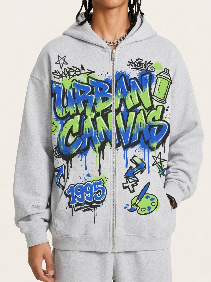 Men's Urban Canvas Graffiti 1995 Art Printed Zip-up Hoodie