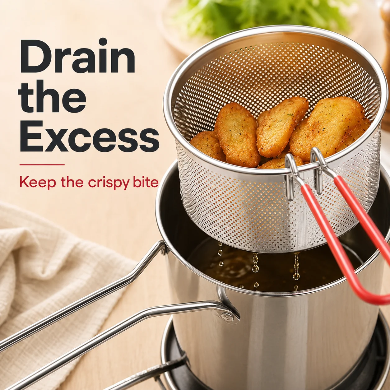 Perforated frying basket draining food over the pot