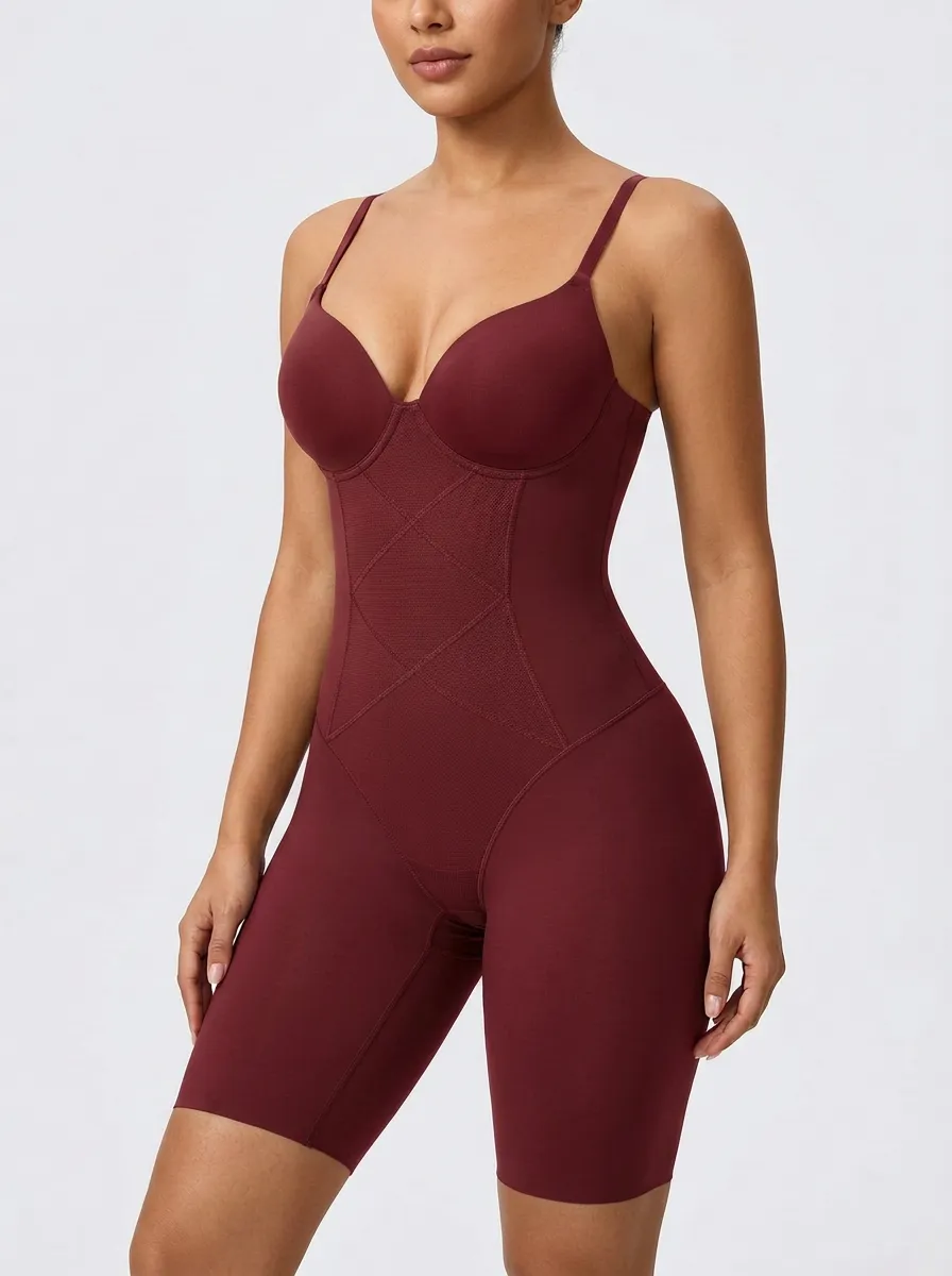 Women's Brown Seamless Tummy Control Cross-Stitch Bodysuit Shapewear