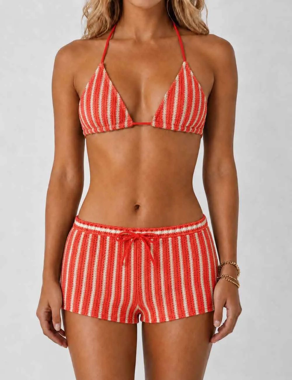 Crochet Triangle Three Piece Bikini Set with Cover Up Shorts