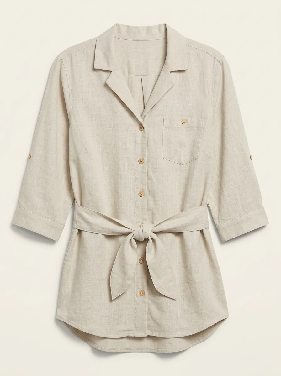 Women's Casual Linen Blend Tie-Waist Button Down Shirt