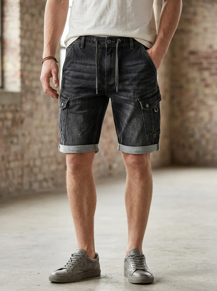 Men's Casual Black Denim Cargo Drawstring Shorts