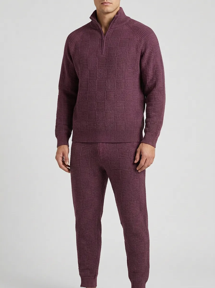 Checkered-Texture Quarter-Zip Men's Quarter-Zip Knit Tracksuit Set