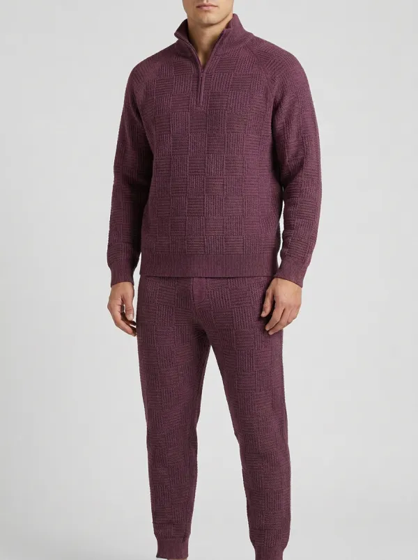 Checkered-Texture Quarter-Zip Men's Quarter-Zip Knit Tracksuit Set