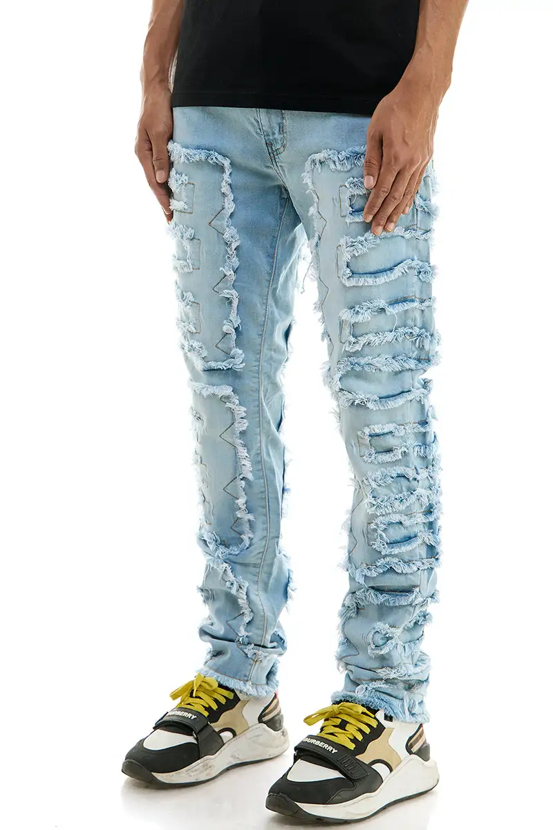 Men's Skinny Raw Hem Patchwork Jeans