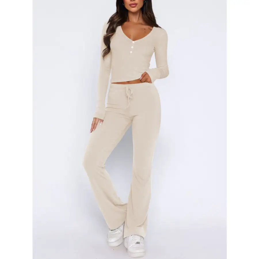 V Neck Long Sleeve Top and Pants Set