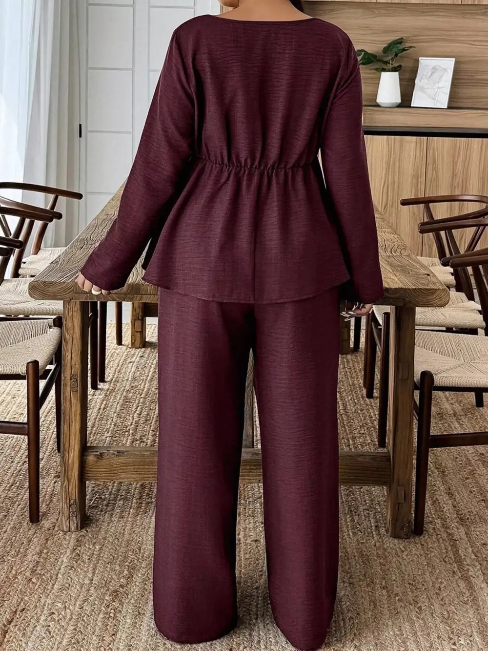 Plus Size Square Neck Long Sleeve Top and Pants Two Piece Set