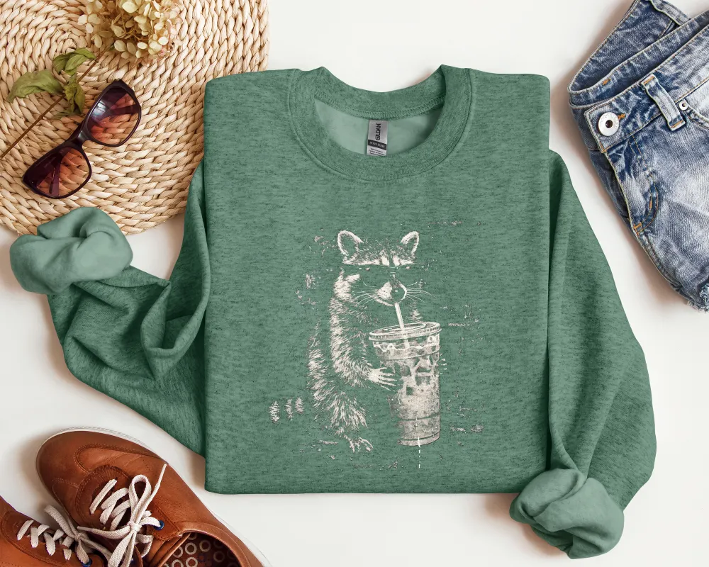 Raccoon Coffee Graphic Crewneck Sweatshirt