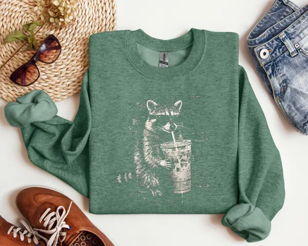 Raccoon Coffee Graphic Crewneck Sweatshirt