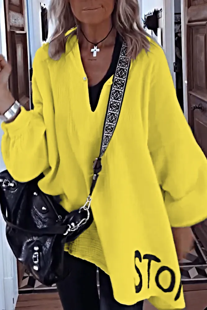 9PACK-Women'S Letter Cotton And Linen Casual Long-Sleeved Top