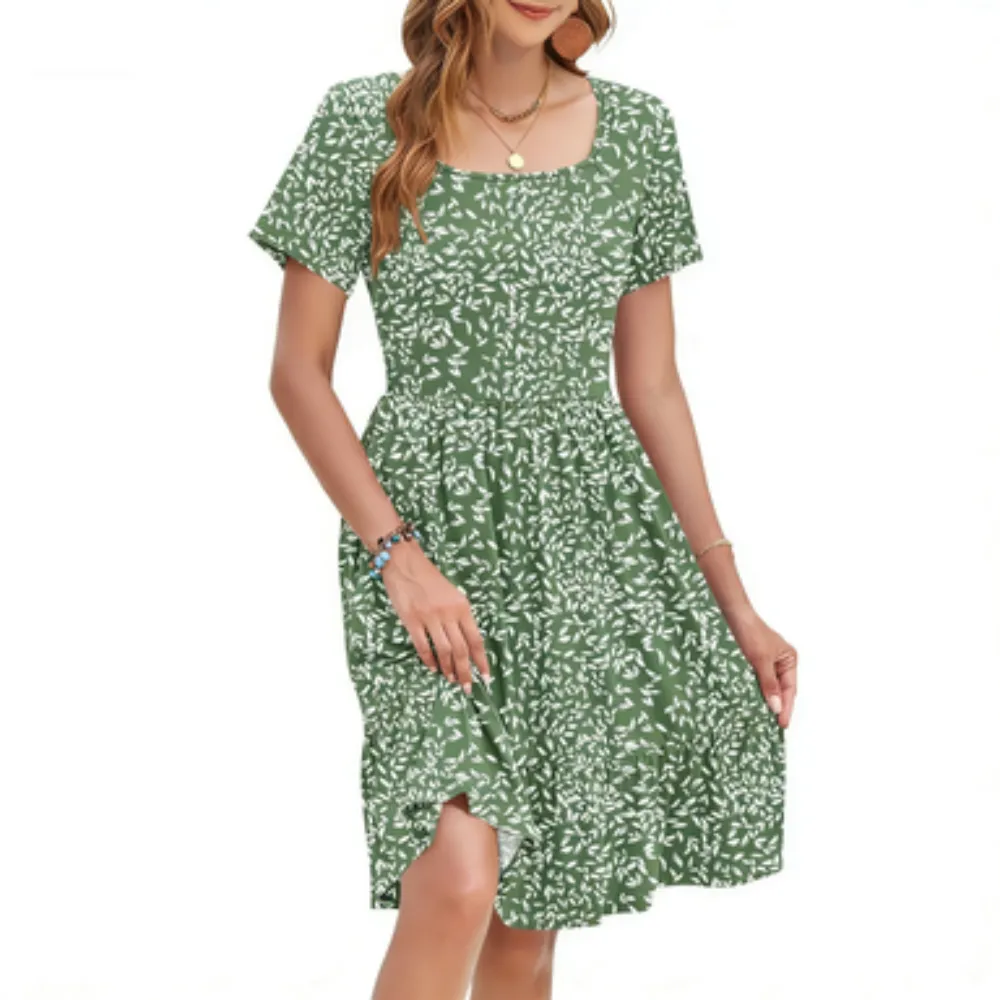 Women Square Neck Ditsy Floral Dress, Ruffle Empire Waist A-Line Sundress With Pockets