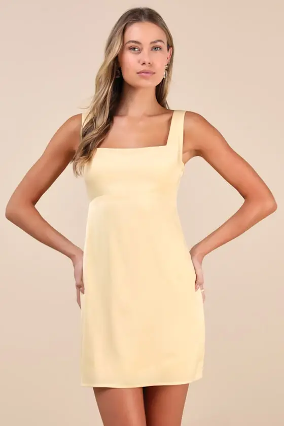 Truly the Cutest White Satin Square Neck Mini Dress