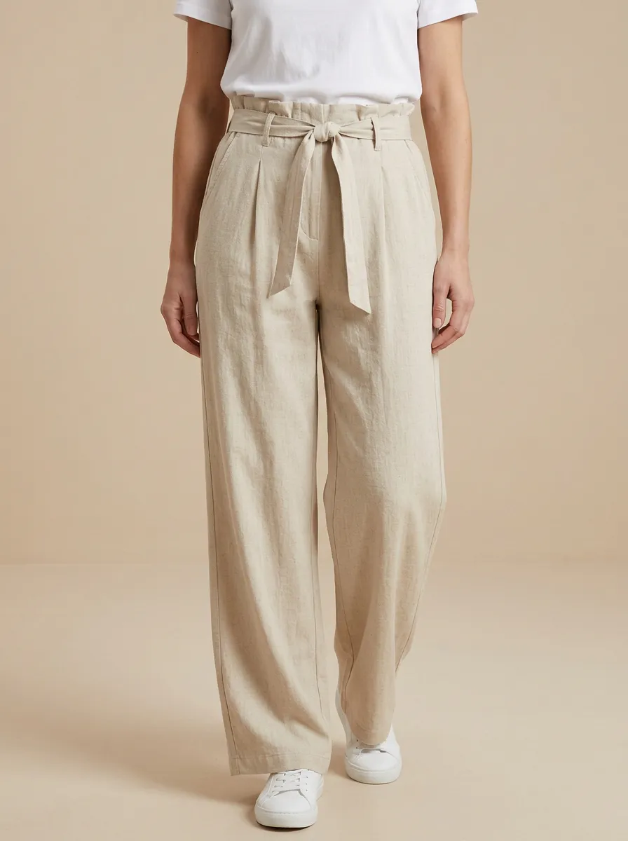 Women's Casual High-Waisted Tie-Front Linen Trousers