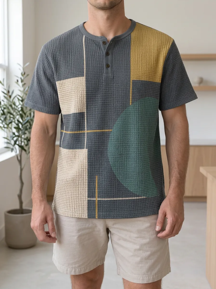 Men's Everyday Geometric Colorblock Waffle Knit Henley T-Shirt