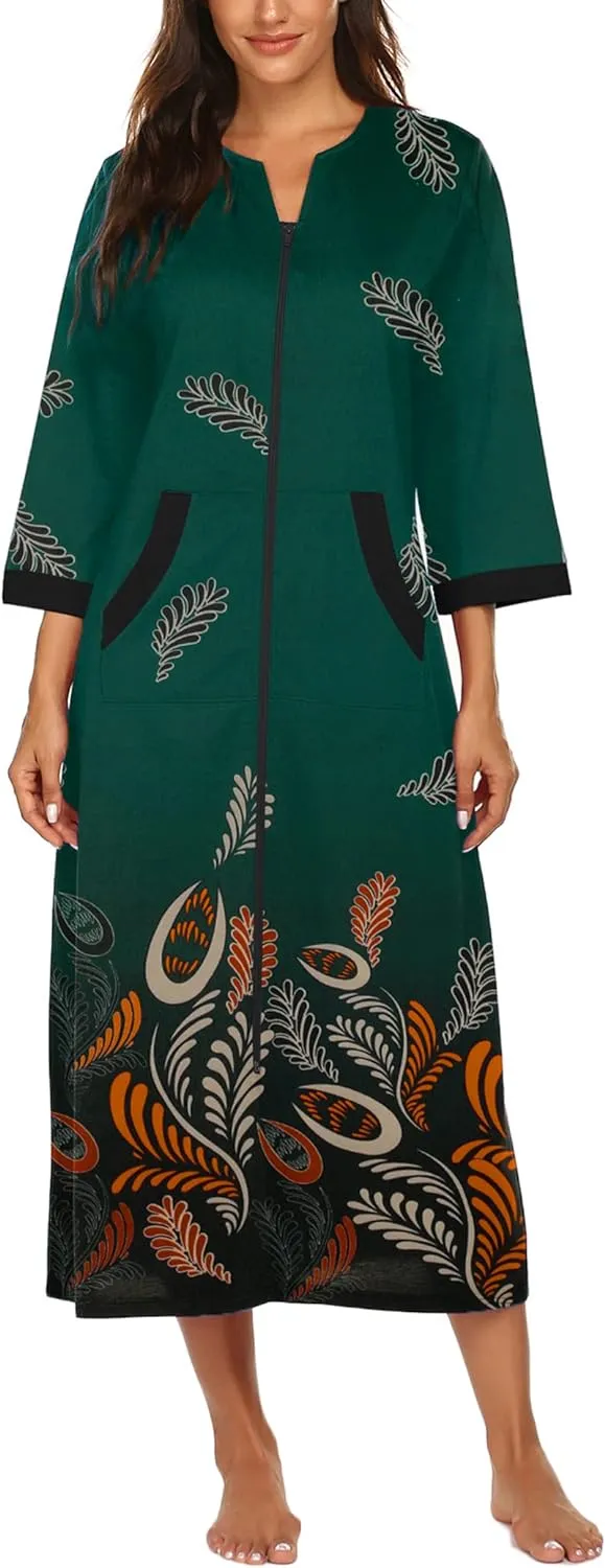 50% OFF Women Zipper Robe 3/4 Sleeves Loungewear Dress Full Length Sleepwear Pockets Housecoat Nightgown Long Bathrobe