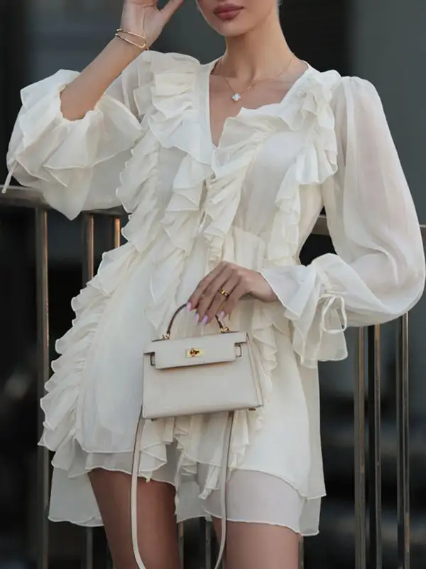 A Line High Waisted Ruffle Trim Solid Color Tied V Neck