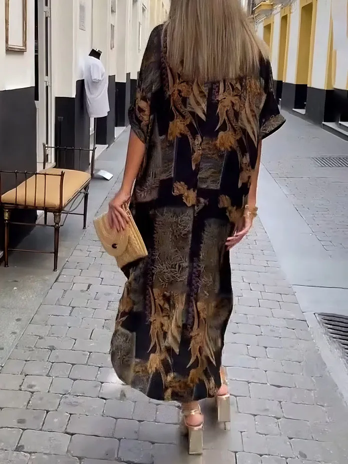 Retro Satin Print V Neck Shirt Midi Dress