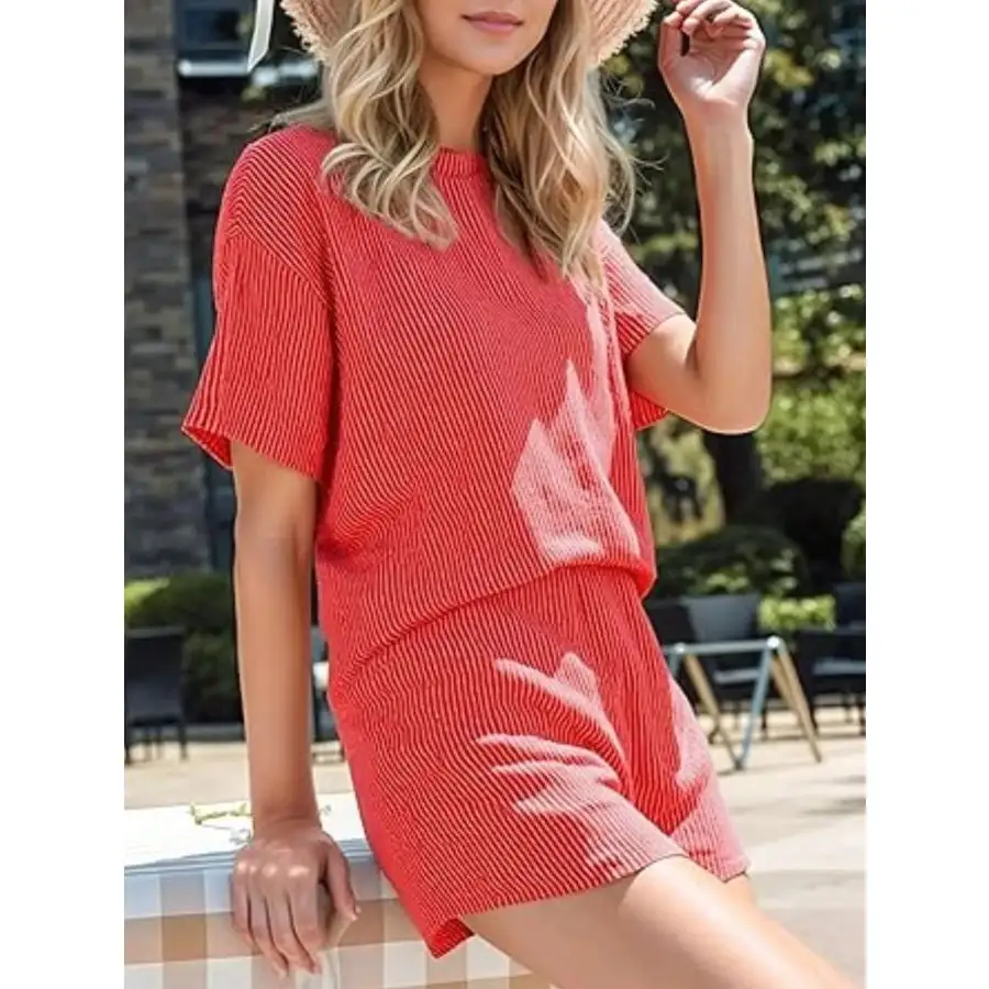 Ribbed Short Sleeve Top and Shorts Two Piece Set