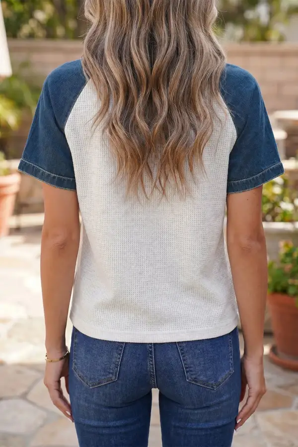 Colorblock Patchwork Denim-Detail Polo T-Shirt