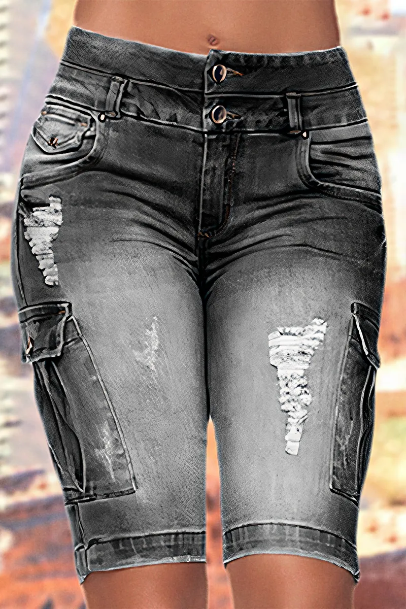 Ripped Flap Pocket Double Button Denim Shorts