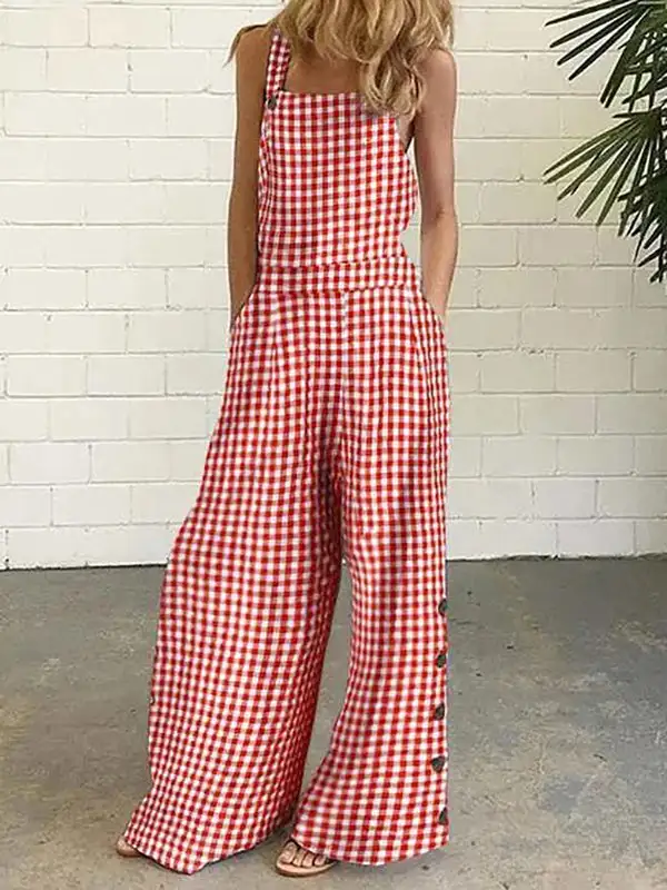 Contemporary Loose Sleeveless Buttoned Plaid Pockets Collarless Overalls