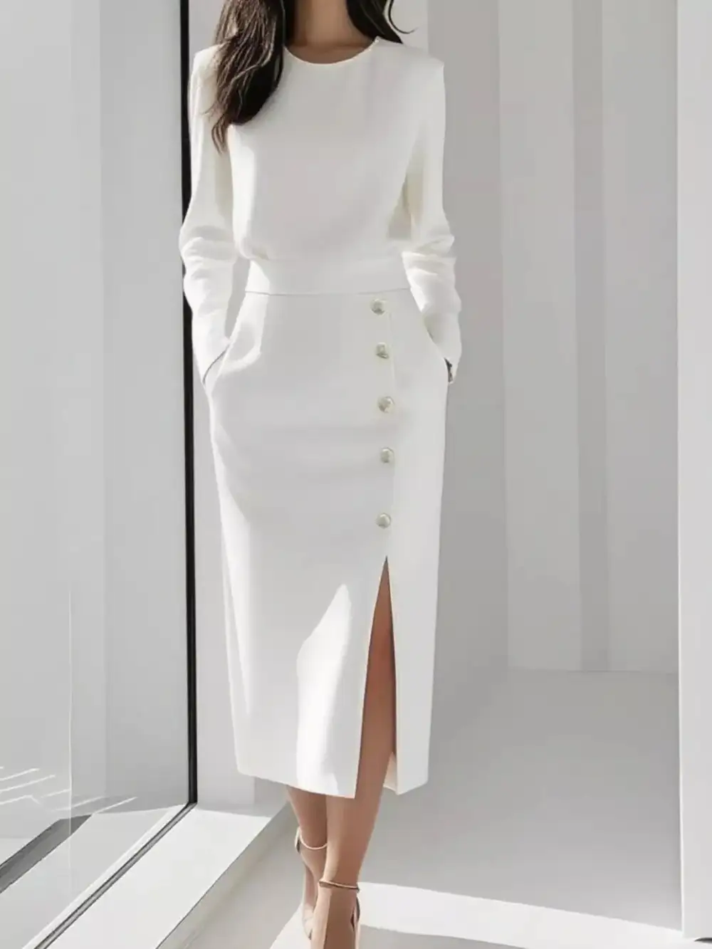Slit Long Sleeve Midi Dress
