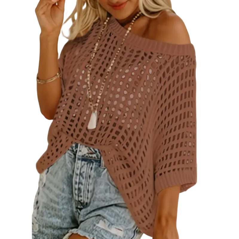 Women's Summer Scoop Neck Short Sleeve Sweater Casual Crochet Hollow Out Knit Tops Pullover Shirts Beach Coverup