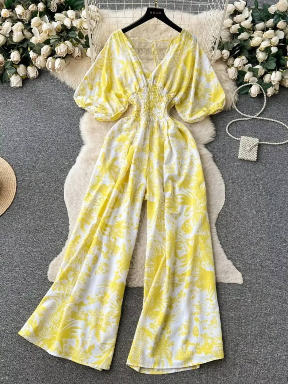 Smocked V Neck Wide Leg Jumpsuit