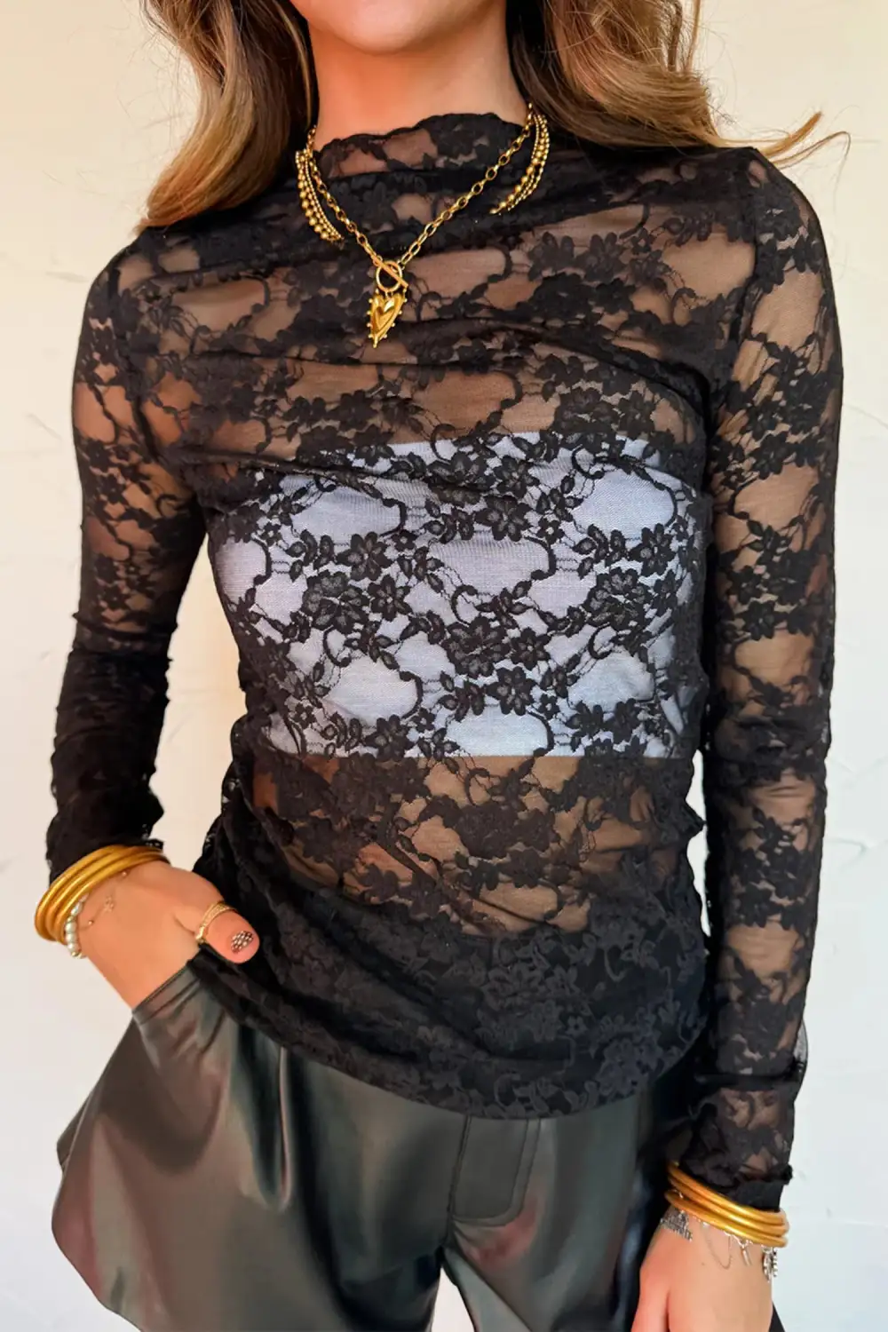 Floral Lace Trim Sheer Top