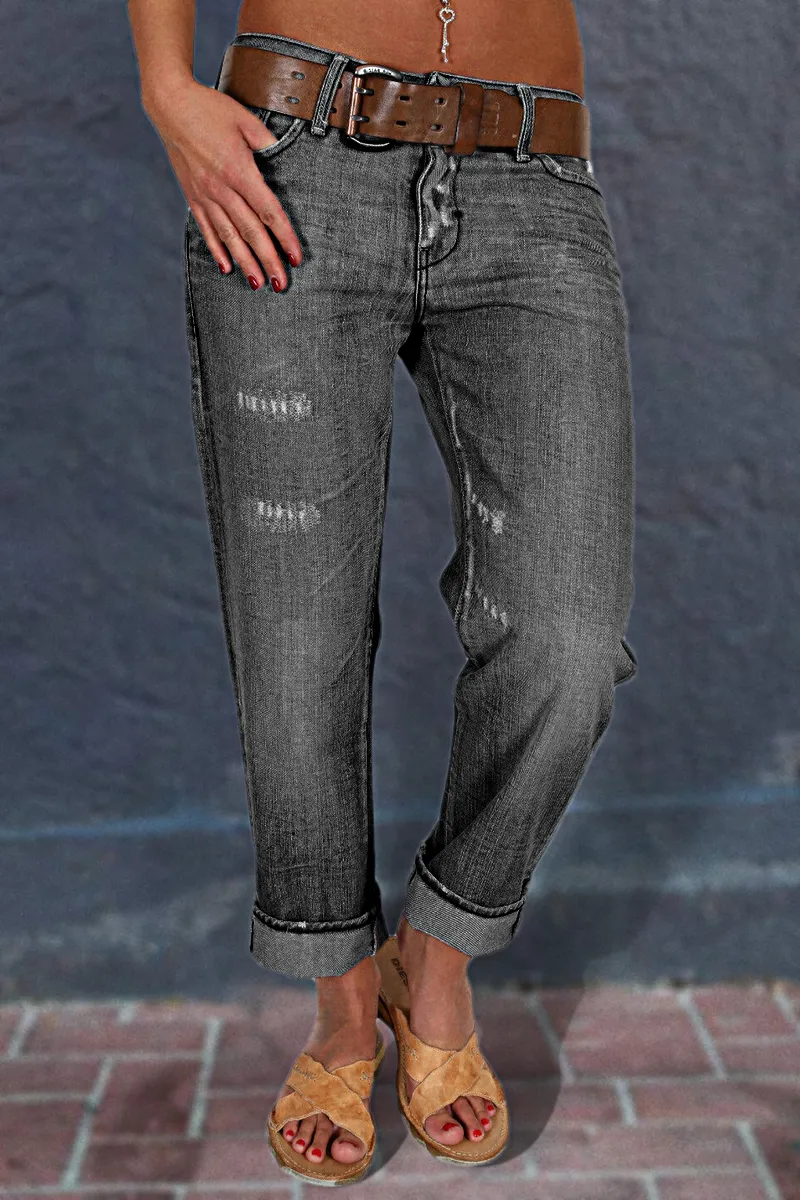 Ripped Zip Detail Slant Pocket Jeans Without Belt