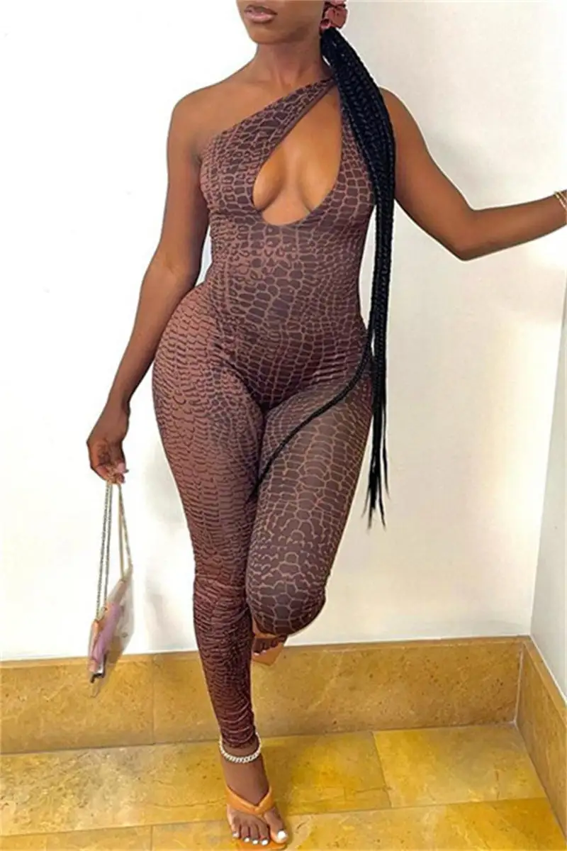 Fashion Sexy Print Hollowed Out Backless One Shoulder Skinny Jumpsuits