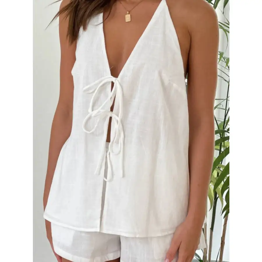Tied Front Halter Neck Top and Shorts Set