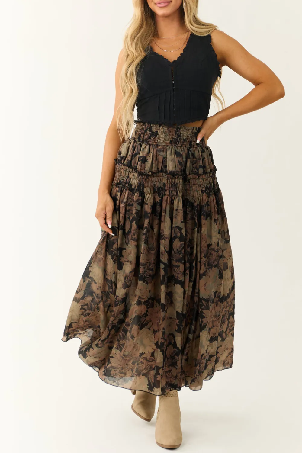 Black Floral Print Tiered Smocked Maxi Skirt