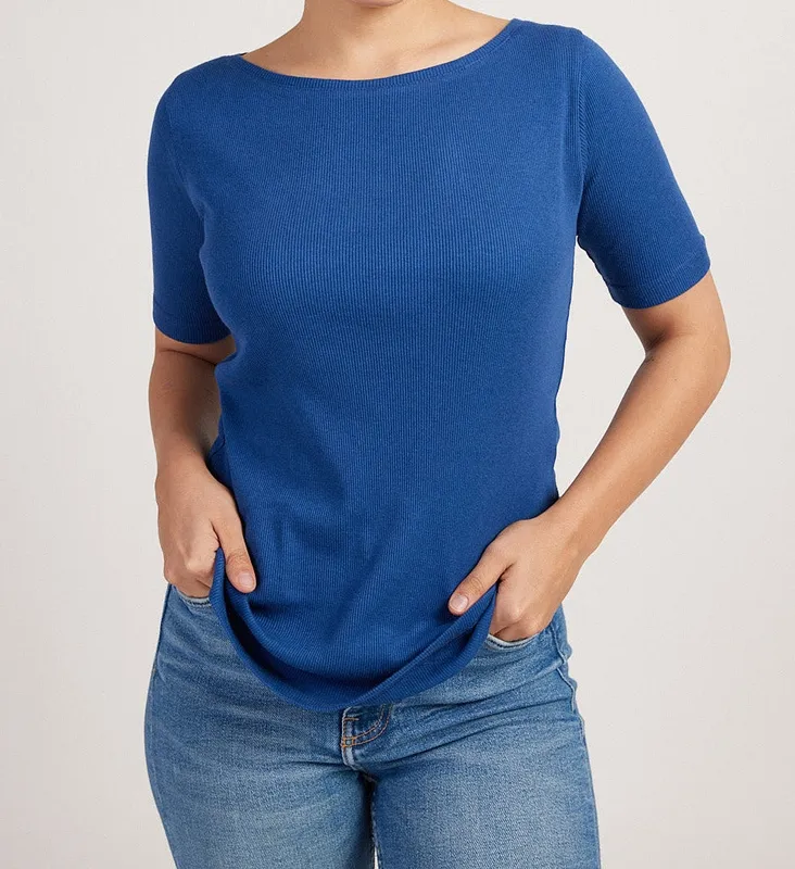Cobalt Blue Ribbed Boat-Neck Tee