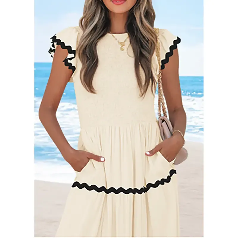 Women's Flowy Short-Sleeved Pleated Midi Dress