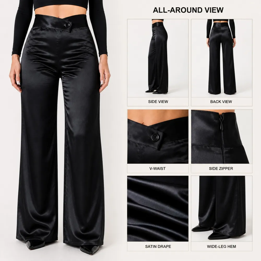 Women's Satin Smooth Straight Leg Pants With Irregular V Waistline