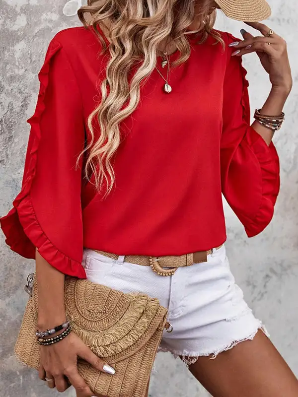 Relaxed Three Quarter Sleeves Ruffle Trim Round Neck T-Shirt