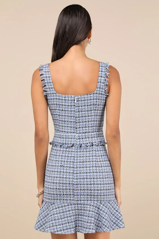 Adorably Luxurious Blue Tweed Raw Edge Sleeveless Mini Dress