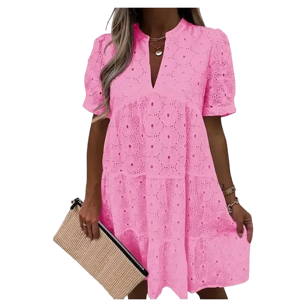 Flowy Lace Dresses Short Sleeve V Neck Tunic Dress