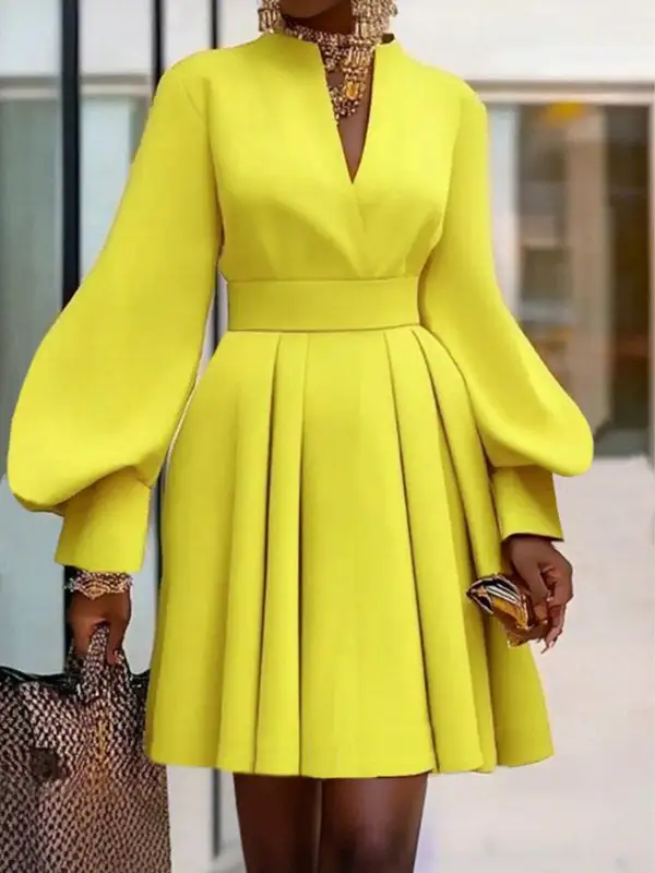 A Line Long Sleeve Pleated Solid Color V Neck Mini Dress