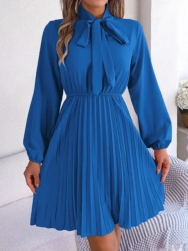 Long Sleeve Relaxed Pleated Solid Color Tied Mock Neck Mini Dress